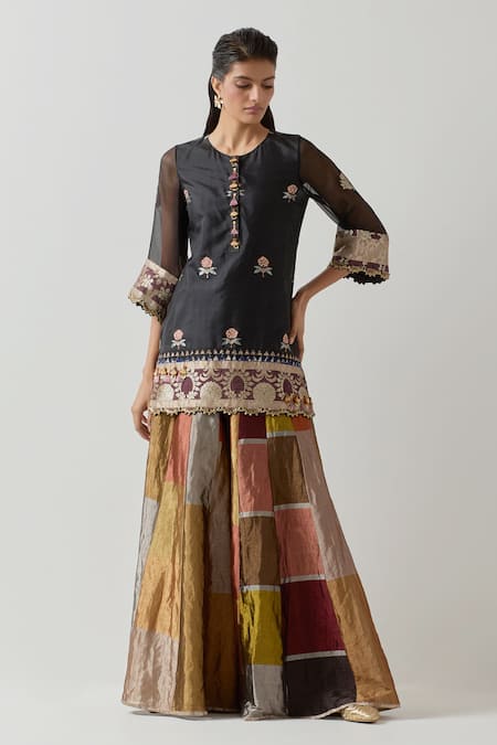 Aum By Asit And Ashima Floral Butti Sequined Kurta With Geometric Panelled Sharara 