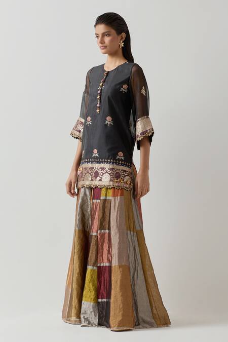 Aum By Asit And Ashima_Black Silk, Tissue Sequins, Floral Butti Kurta With Geometric Panelled Sharara _Online_at_Aza_Fashions