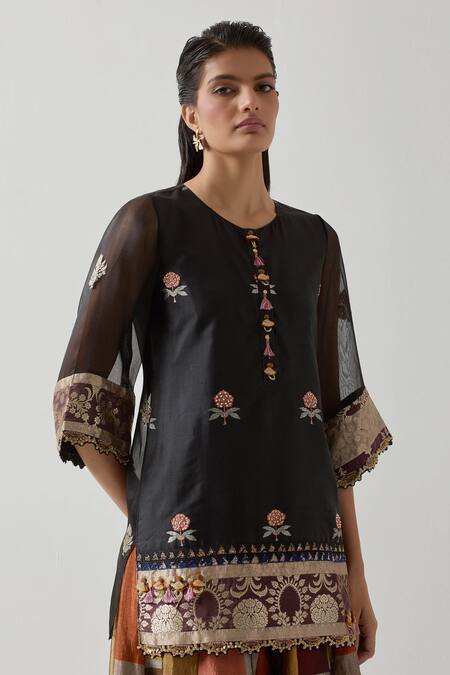 Buy_Aum By Asit And Ashima_Black Silk, Tissue Sequins, Floral Butti Kurta With Geometric Panelled Sharara _Online_at_Aza_Fashions