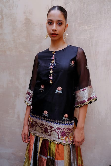 Shop_Aum By Asit And Ashima_Black Silk, Tissue Sequins, Floral Butti Kurta With Geometric Panelled Sharara _Online_at_Aza_Fashions