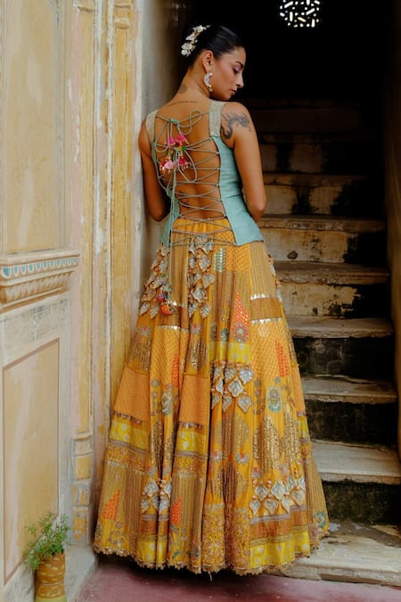 Aum By Asit And Ashima Silk Patchwork Zardozi Embroidered Lehenga With Corset 