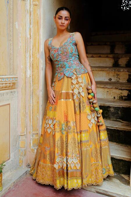 Aum By Asit And Ashima_Yellow Silk Lace, Pearls, Patchwork Zardozi Embroidered Lehenga With Corset _Online_at_Aza_Fashions