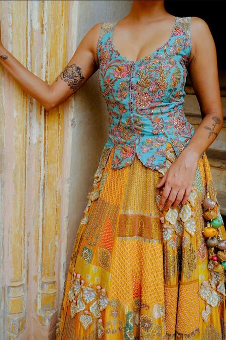 Buy_Aum By Asit And Ashima_Yellow Silk Lace, Pearls, Patchwork Zardozi Embroidered Lehenga With Corset _Online_at_Aza_Fashions