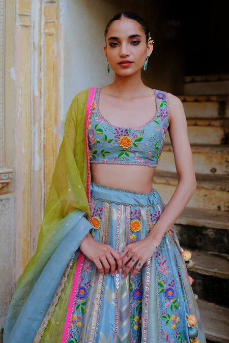 Aum By Asit And Ashima_Blue Silk Sequins, Beads Scoop Neck Patchwork Applique Embroidered Lehenga Set _Online_at_Aza_Fashions