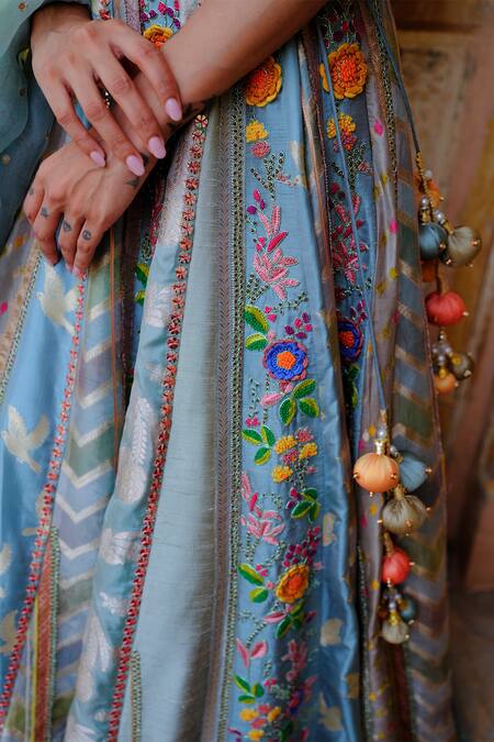 Buy_Aum By Asit And Ashima_Blue Silk Sequins, Beads Scoop Neck Patchwork Applique Embroidered Lehenga Set _Online_at_Aza_Fashions