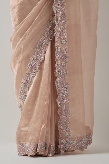 Aum By Asit And Ashima_Pink Silk, Tissue Sequins, Beads Scoop Embroidered Scalloped Saree With Blouse _Online_at_Aza_Fashions