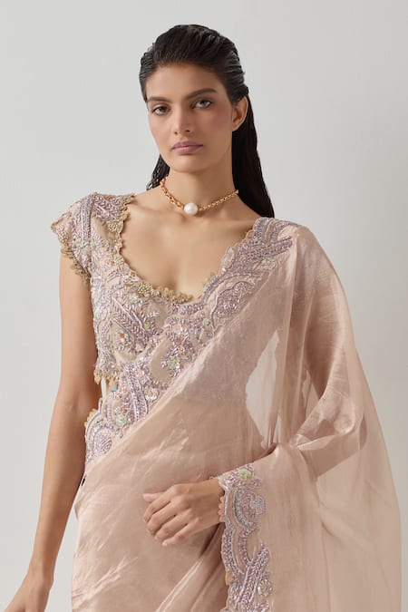 Buy_Aum By Asit And Ashima_Pink Silk, Tissue Sequins, Beads Scoop Embroidered Scalloped Saree With Blouse _Online_at_Aza_Fashions