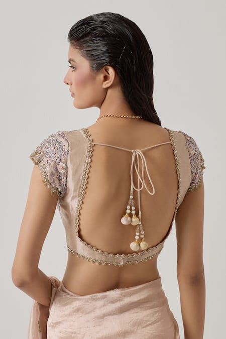 Shop_Aum By Asit And Ashima_Pink Silk, Tissue Sequins, Beads Scoop Embroidered Scalloped Saree With Blouse _Online_at_Aza_Fashions