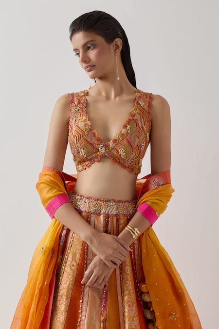 Buy_Aum By Asit And Ashima_Orange Silk Beads, Sequins, Lace V-neck Patchwork Embellished Lehenga Set _Online_at_Aza_Fashions