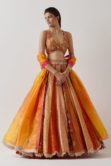 Shop_Aum By Asit And Ashima_Orange Silk Beads, Sequins, Lace V-neck Patchwork Embellished Lehenga Set _Online_at_Aza_Fashions