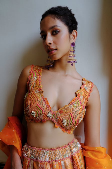 Aum By Asit And Ashima_Orange Silk Beads, Sequins, Lace V-neck Patchwork Embellished Lehenga Set _at_Aza_Fashions