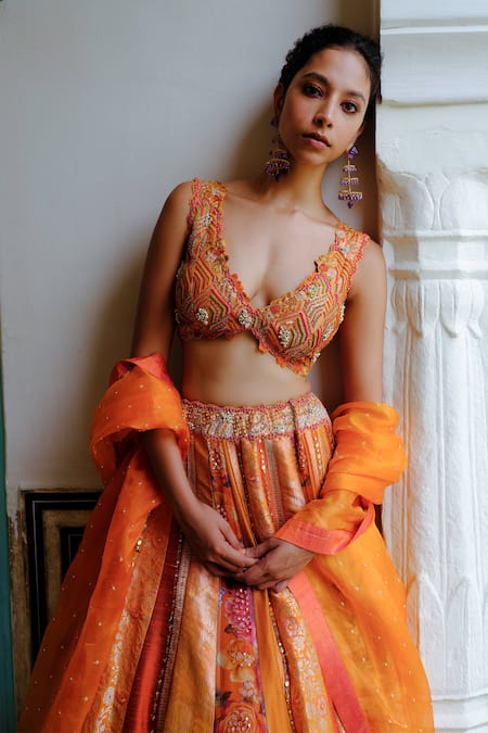 Buy_Aum By Asit And Ashima_Orange Silk Beads, Sequins, Lace V-neck Patchwork Embellished Lehenga Set 