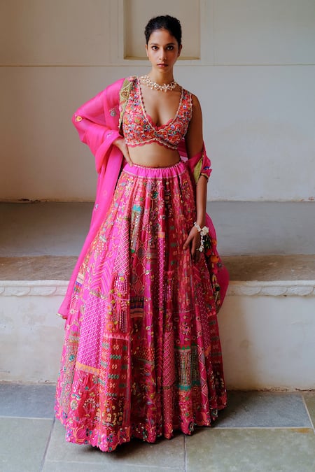 AUM by Asit and Ashima Fuchsia Silk Embroidered Bead V-neck Patchwork Panel Bridal Lehenga Set 