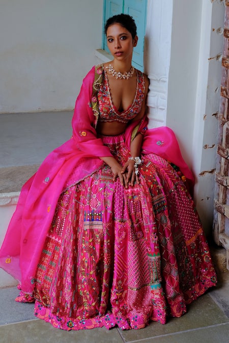 Aum By Asit And Ashima Silk Patchwork Panel Embroidered Bridal Lehenga Set 