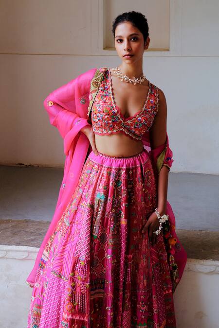 Aum By Asit And Ashima_Fuchsia Silk Sequins, Beads, Zari Patchwork Panel Embroidered Bridal Lehenga Set _Online_at_Aza_Fashions