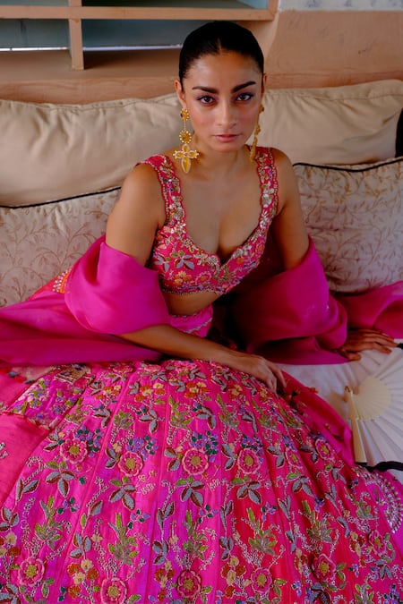 Aum By Asit And Ashima_Fuchsia Silk Sequins, Zari, Applique, Beads, Embroidered Bridal Lehenga Set _Online_at_Aza_Fashions