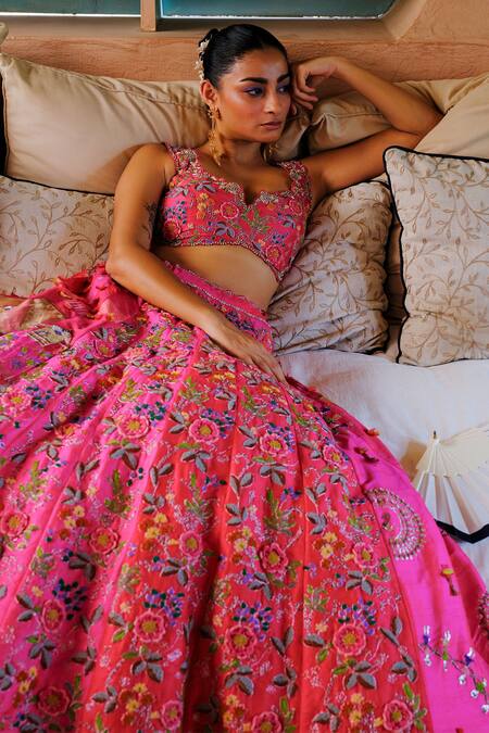 Buy_Aum By Asit And Ashima_Fuchsia Silk Sequins, Zari, Applique, Beads, Embroidered Bridal Lehenga Set _Online_at_Aza_Fashions