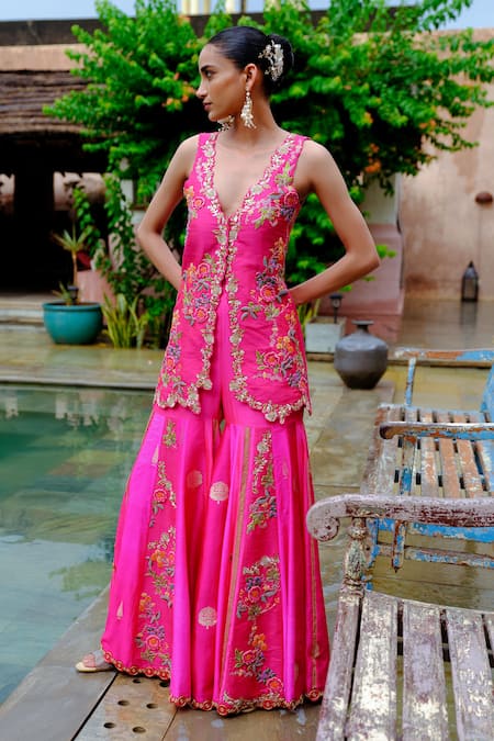 Aum By Asit And Ashima Silk Applique Embroidered Jacket Kurta With Sharara 