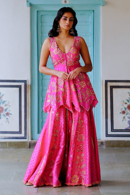 AUM by Asit and Ashima Fuchsia Silk Embroidered Bead V-neck Zardozi Peplum Kurta With Gharara 