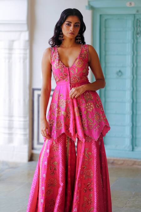 Aum By Asit And Ashima Fuchsia Silk Zari, Sequins, Beads Zardozi Embroidered Peplum Kurta With Gharara Online at Aza Fashions Aum By Asit And Ashima_Fuchsia Silk Zari, Sequins, Beads Zardozi Embroidered Peplum Kurta With Gharara _Online_at_Aza_Fashions