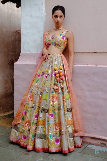 AUM by Asit and Ashima Gold Silk Embroidered Bead V-neck Patchwork Sequin Bridal Lehenga Set 