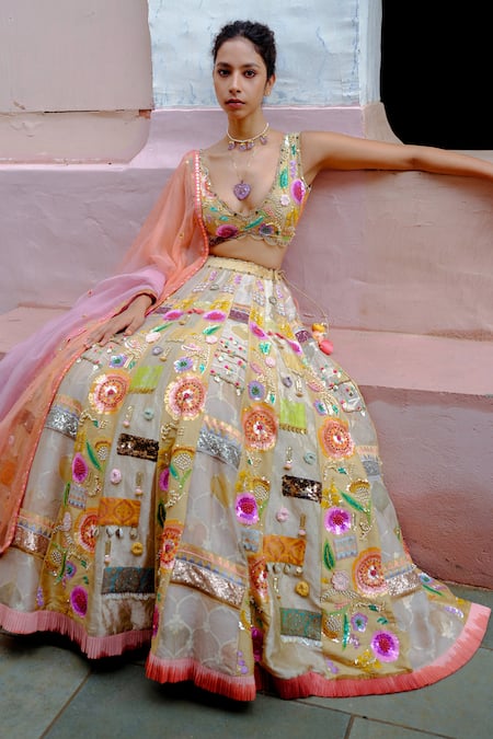 Aum By Asit And Ashima Silk Patchwork Sequin Embroidered Bridal Lehenga Set 