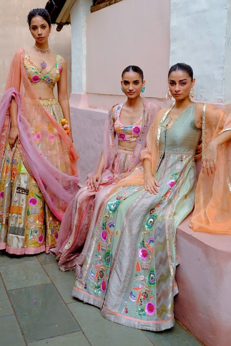 Aum By Asit And Ashima_Gold Silk Sequins, Zari, Applique, Lace, Embroidered Bridal Lehenga Set _Online_at_Aza_Fashions