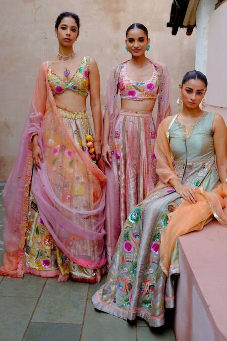 Buy_Aum By Asit And Ashima_Gold Silk Sequins, Zari, Applique, Lace, Embroidered Bridal Lehenga Set _Online_at_Aza_Fashions