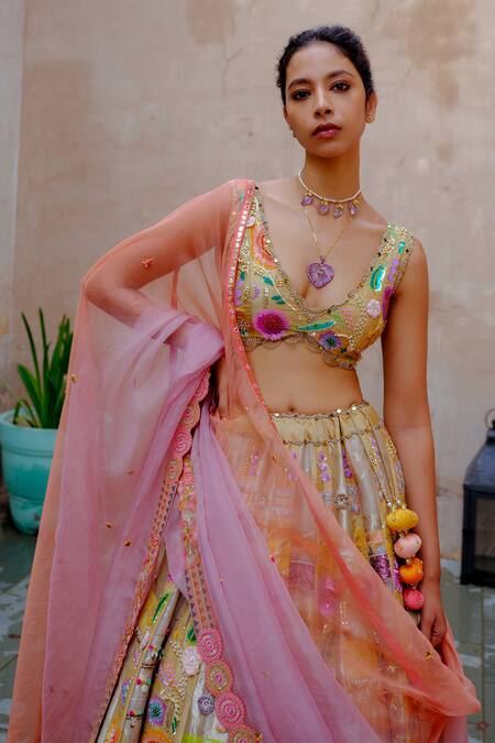 Shop_Aum By Asit And Ashima_Gold Silk Sequins, Zari, Applique, Lace, Embroidered Bridal Lehenga Set _Online_at_Aza_Fashions