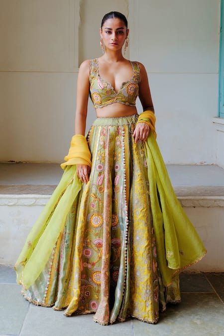 AUM by Asit and Ashima Green Silk Embroidered Bead Patchwork Panelled Applique Bridal Lehenga Set 