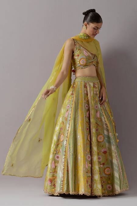 Buy_Aum By Asit And Ashima_Green Silk Sequins, Applique, Beads Patchwork Panelled Bridal Lehenga Set _Online_at_Aza_Fashions
