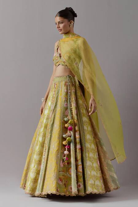 Shop_Aum By Asit And Ashima_Green Silk Sequins, Applique, Beads Patchwork Panelled Bridal Lehenga Set _Online_at_Aza_Fashions