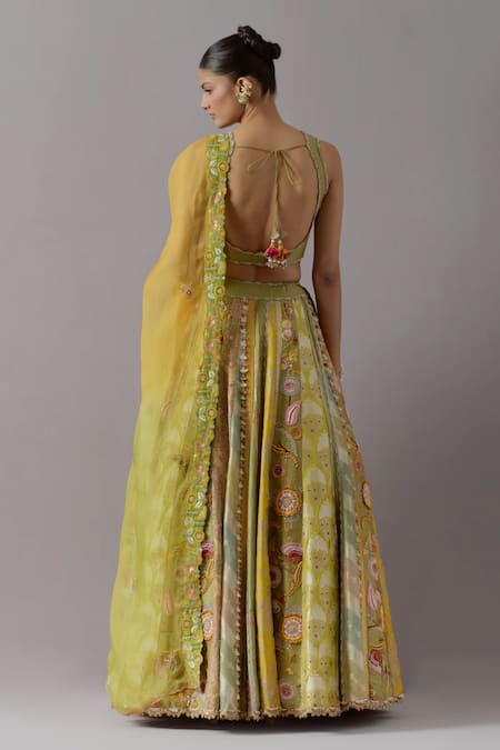 Aum By Asit And Ashima Silk Patchwork Panelled Applique Bridal Lehenga Set 