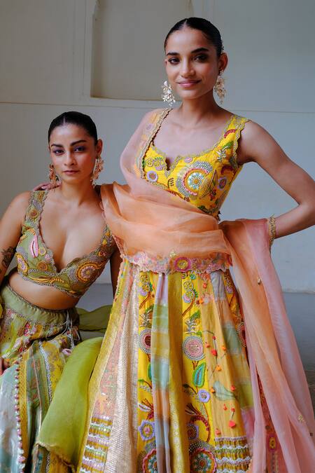 Aum By Asit And Ashima_Green Silk Sequins, Applique, Beads Patchwork Panelled Bridal Lehenga Set _at_Aza_Fashions