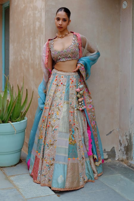 AUM by Asit and Ashima Grey Silk Embroidered Bead Scoop Patchwork Floral Garden Bridal Lehenga Set 