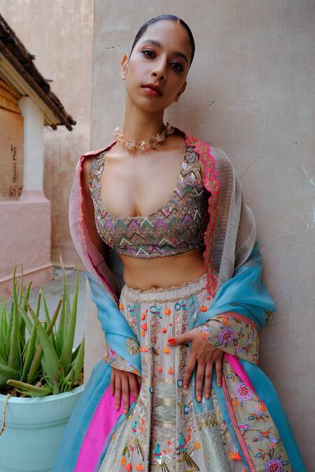 Aum By Asit And Ashima Grey Silk, Tissue Patchwork Floral Garden Embroidered Bridal Lehenga Set Online at Aza Fashions Aum By Asit And Ashima_Grey Silk, Tissue Patchwork Floral Garden Embroidered Bridal Lehenga Set _Online_at_Aza_Fashions