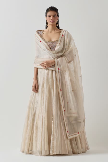 AUM by Asit and Ashima Ivory Silk Embroidered Bead Scoop Zardozi Panelled Lehenga Set 