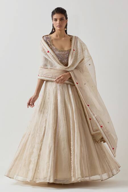 Aum By Asit And Ashima_Ivory Silk, Tissue Zari, Lace, Sequins Zardozi Embroidered Panelled Lehenga Set _Online_at_Aza_Fashions