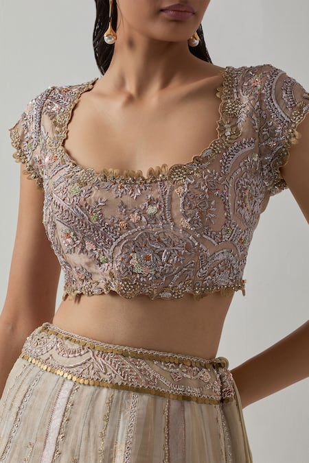 Buy_Aum By Asit And Ashima_Ivory Silk, Tissue Zari, Lace, Sequins Zardozi Embroidered Panelled Lehenga Set _Online_at_Aza_Fashions