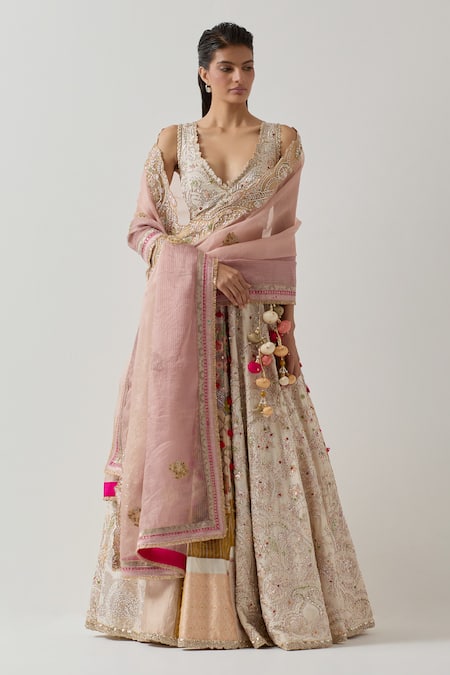 AUM by Asit and Ashima Ivory Silk Embroidered Bead V-neck Zardozi Patchwork Panel Bridal Lehenga Set 