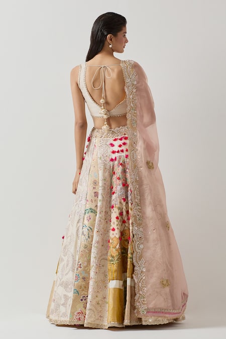 Aum By Asit And Ashima Silk Zardozi Embroidered Patchwork Panel Bridal Lehenga Set 