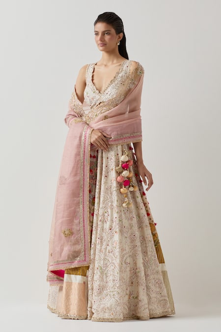 Aum By Asit And Ashima_Ivory Silk Sequins, Zardozi Embroidered Patchwork Panel Bridal Lehenga Set _Online_at_Aza_Fashions