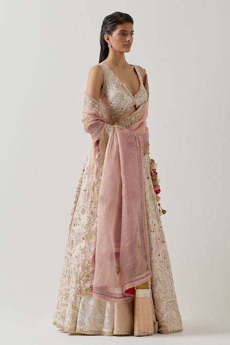 Shop_Aum By Asit And Ashima_Ivory Silk Sequins, Zardozi Embroidered Patchwork Panel Bridal Lehenga Set _Online_at_Aza_Fashions