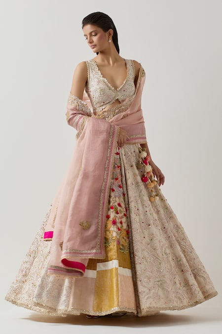 Aum By Asit And Ashima_Ivory Silk Sequins, Zardozi Embroidered Patchwork Panel Bridal Lehenga Set _at_Aza_Fashions