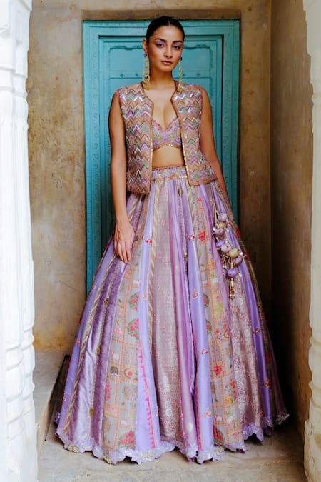 AUM by Asit and Ashima Silk Patchwork Embroidered Lehenga Jacket Set 