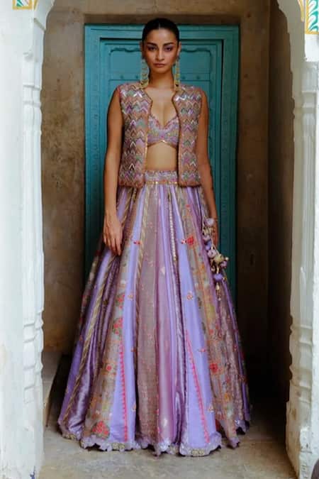 Aum By Asit And Ashima Silk Patchwork Embroidered Lehenga Jacket Set 
