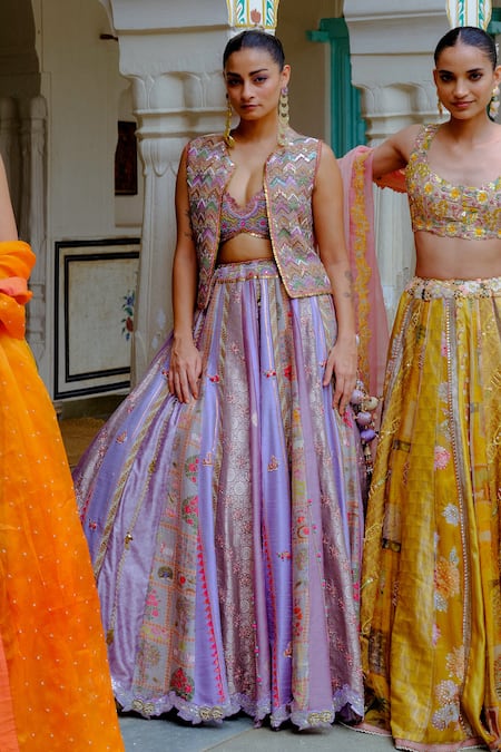 Aum By Asit And Ashima Purple Silk Sequins, Beads, Lace, Patchwork Embroidered Lehenga Jacket Set Online at Aza Fashions Aum By Asit And Ashima_Purple Silk Sequins, Beads, Lace, Patchwork Embroidered Lehenga Jacket Set _Online_at_Aza_Fashions