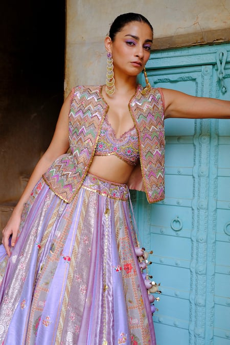 Shop Aum By Asit And Ashima Purple Silk Sequins, Beads, Lace, Patchwork Embroidered Lehenga Jacket Set Online at Aza Fashions Shop_Aum By Asit And Ashima_Purple Silk Sequins, Beads, Lace, Patchwork Embroidered Lehenga Jacket Set _Online_at_Aza_Fashions