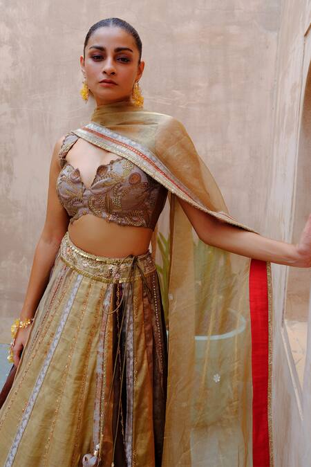 Aum By Asit And Ashima_Gold Silk, Tissue Sequins, Beads, Patchwork Vine Zardozi Embroidered Lehenga Set _Online_at_Aza_Fashions