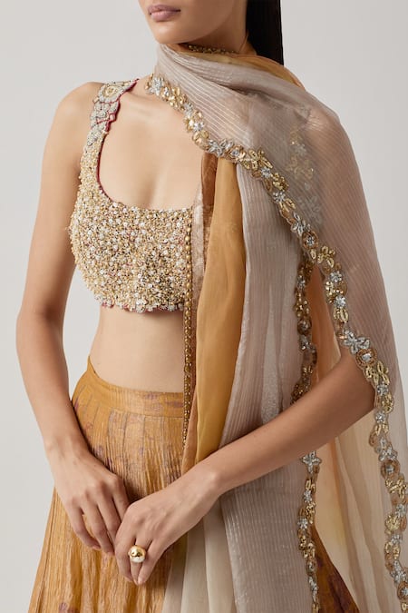 Shop_Aum By Asit And Ashima_Yellow Silk, Tissue Sequins, Beads Scoop Neck Patchwork Hem Textured Lehenga Set _Online_at_Aza_Fashions